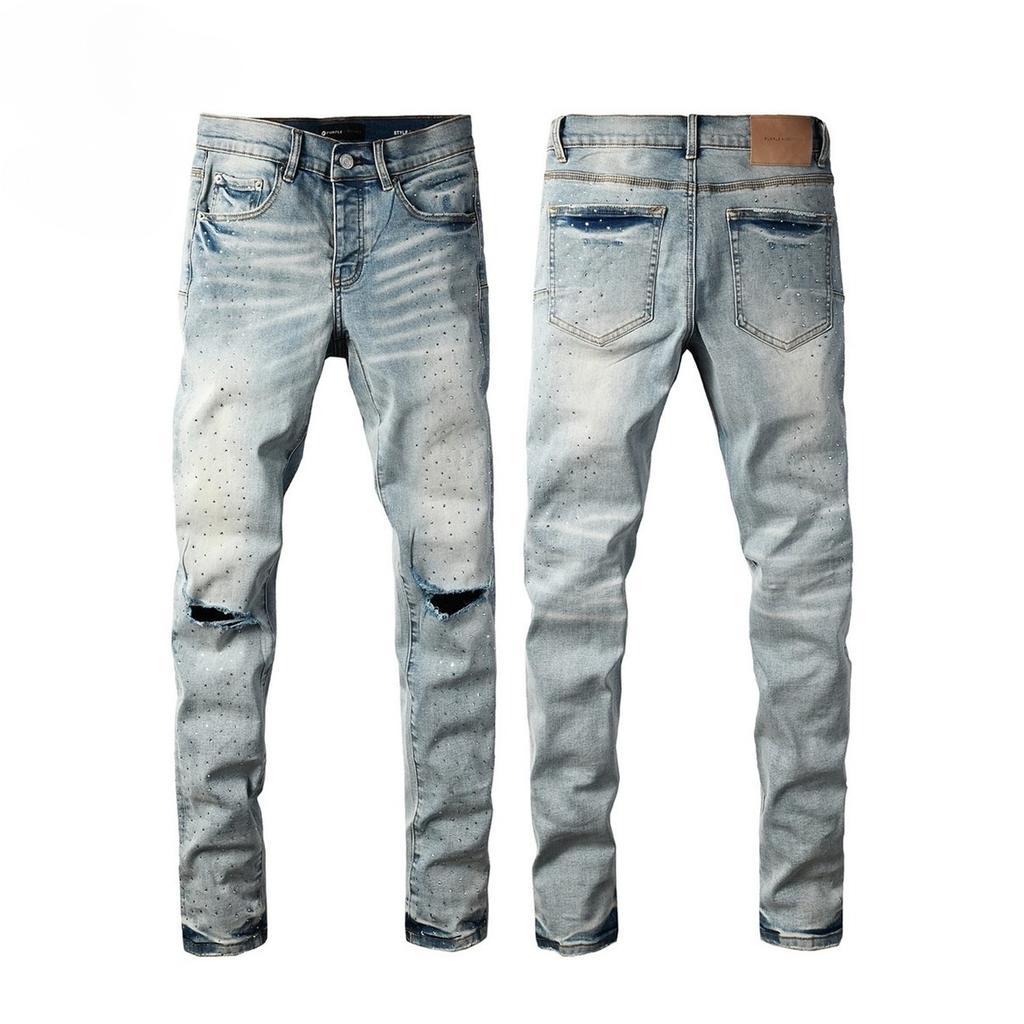 GLYDE High Street Jeans Fashion Trends Wash Distressed Light Indigo Transparent Rhinestones Stretch Skinny Button Ripped Jeans