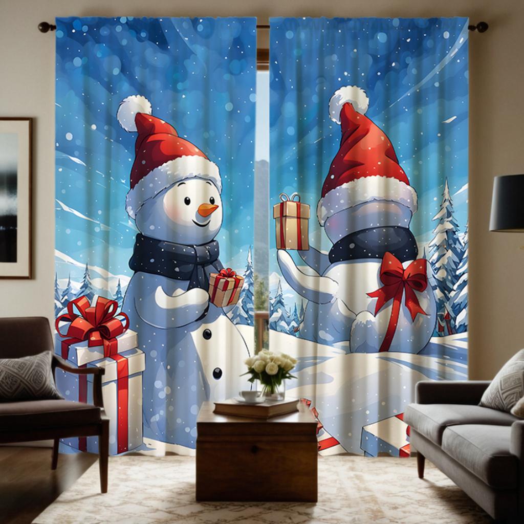 2pcs Set HD Christmas Gift Snowman Decoration Curtain Blue Tie Digital Printed Curtain Home Decoration Style Decoration Livin