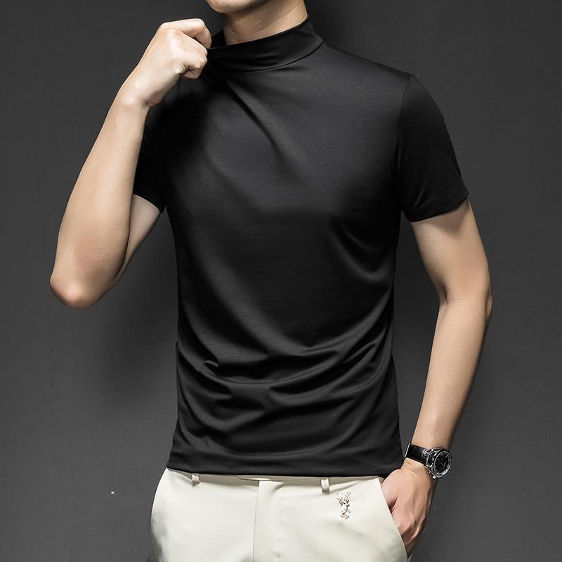 

Cross-border Summer Solid Color Short-sleeved Fashion Bottoming Shirt Men s Tight Turtleneck T-shirt M чёрный
