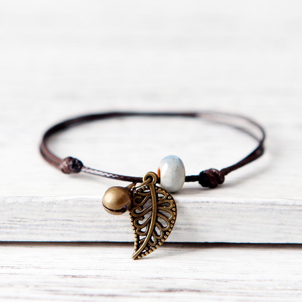 Ceramic Beaded Bracelet Bangle Rope Chain Vintage Leaf Pendant Couple Jewelry