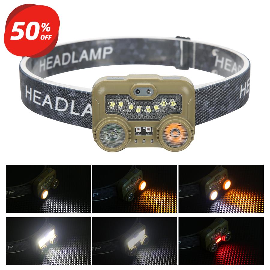 

Мощный светодиодный налобный фонарь, перезаряжаемый индуктивный налобный фонарь с 5 режимами белого, теплого и красного света, фонарь для кемпинга и рыбалки коричневый