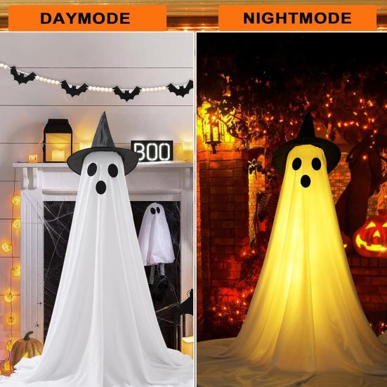 55" Solar Ghost Light for Halloween Outdoor Decoration Waterproof Light Up Standing White Ghost with Witch Hat