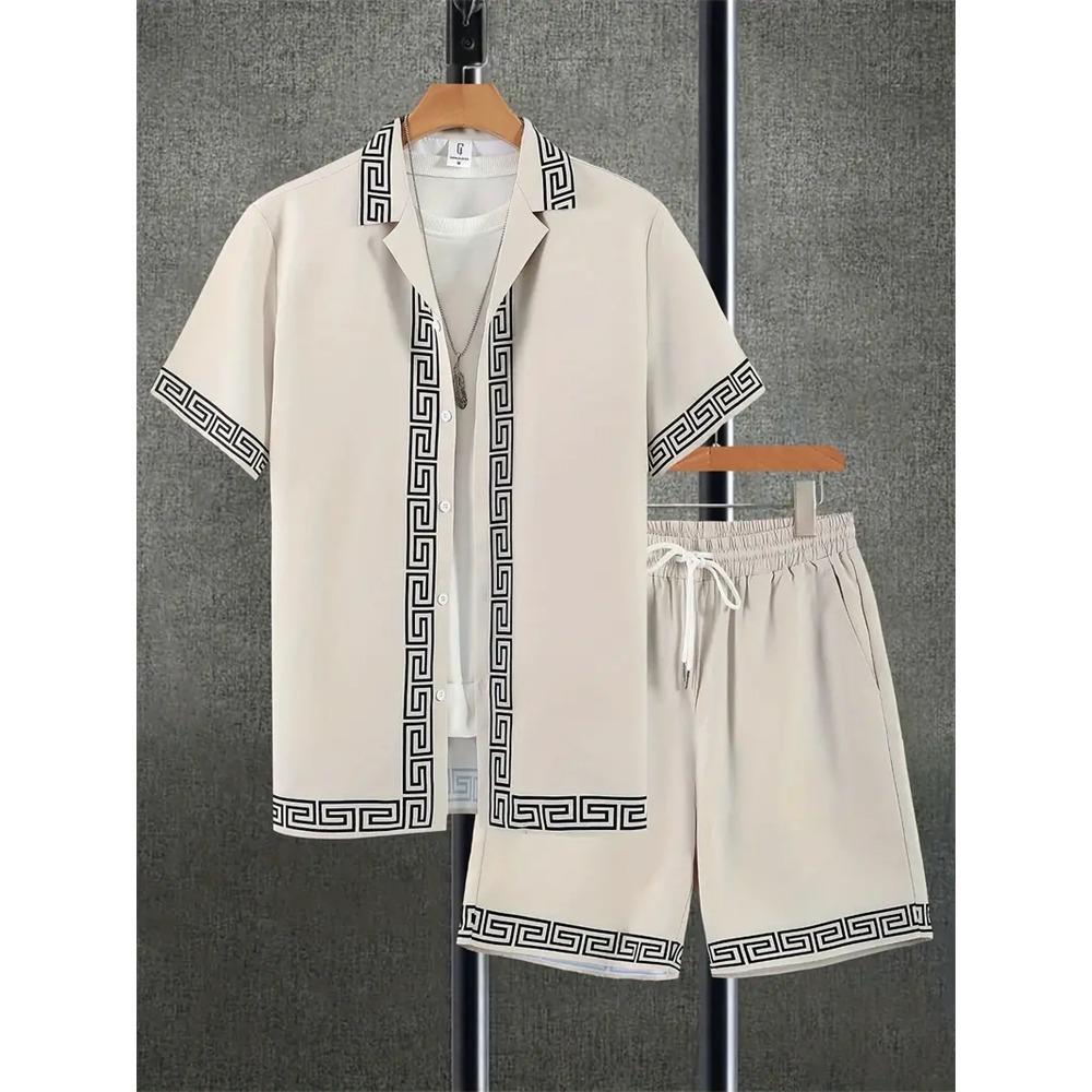 2024 New Men's Beach Wear 2-Piece Quick Drying Hawaiian Shirt and Shorts Set Summer Men's Fashion Striped Print Casual Wear