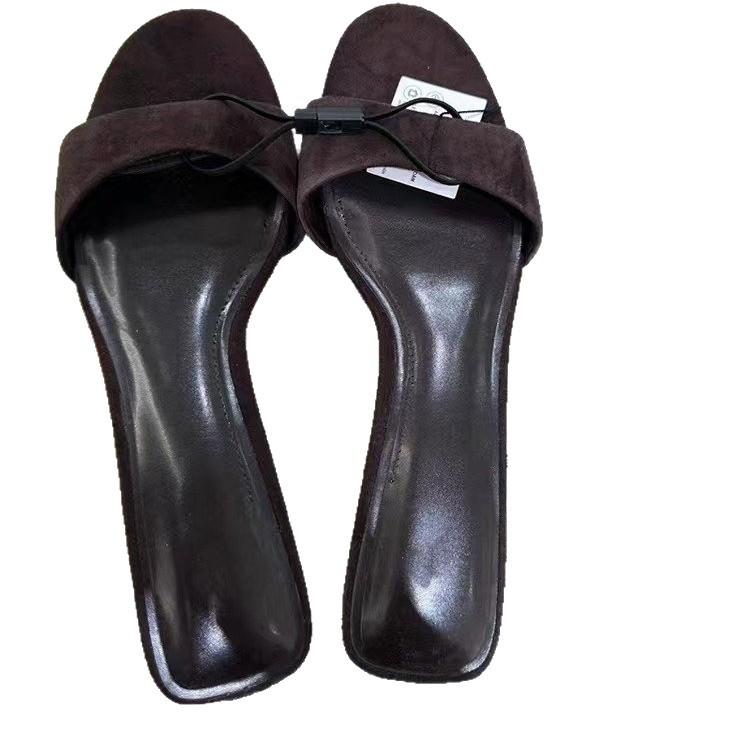 Beautiful wood grain wedge suede one-word slippers for women's summer wear 2025 new French sandals one-and-a-half-word slippers