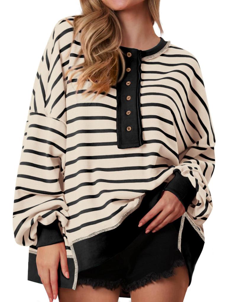 Color Block Long Sleeve Striped Button-Up Casual Sweater for Women - Autumn/Winter
