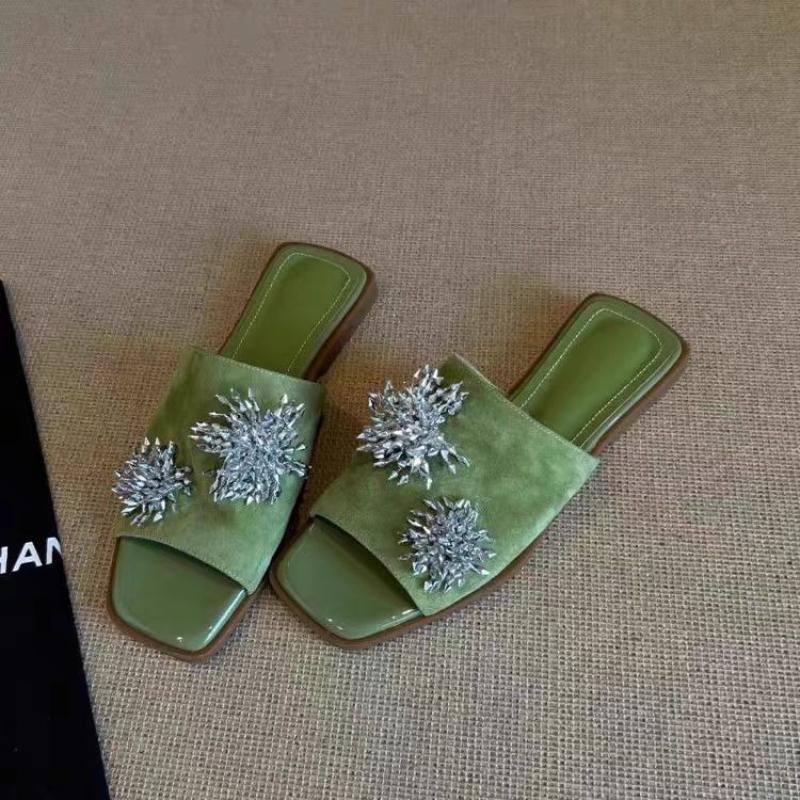 Summer Green Suede Women's Sandals Crystal Tassels Leather Black Fashion Slippers Trendy Outer Slip-on Flats Casual Women Shoes