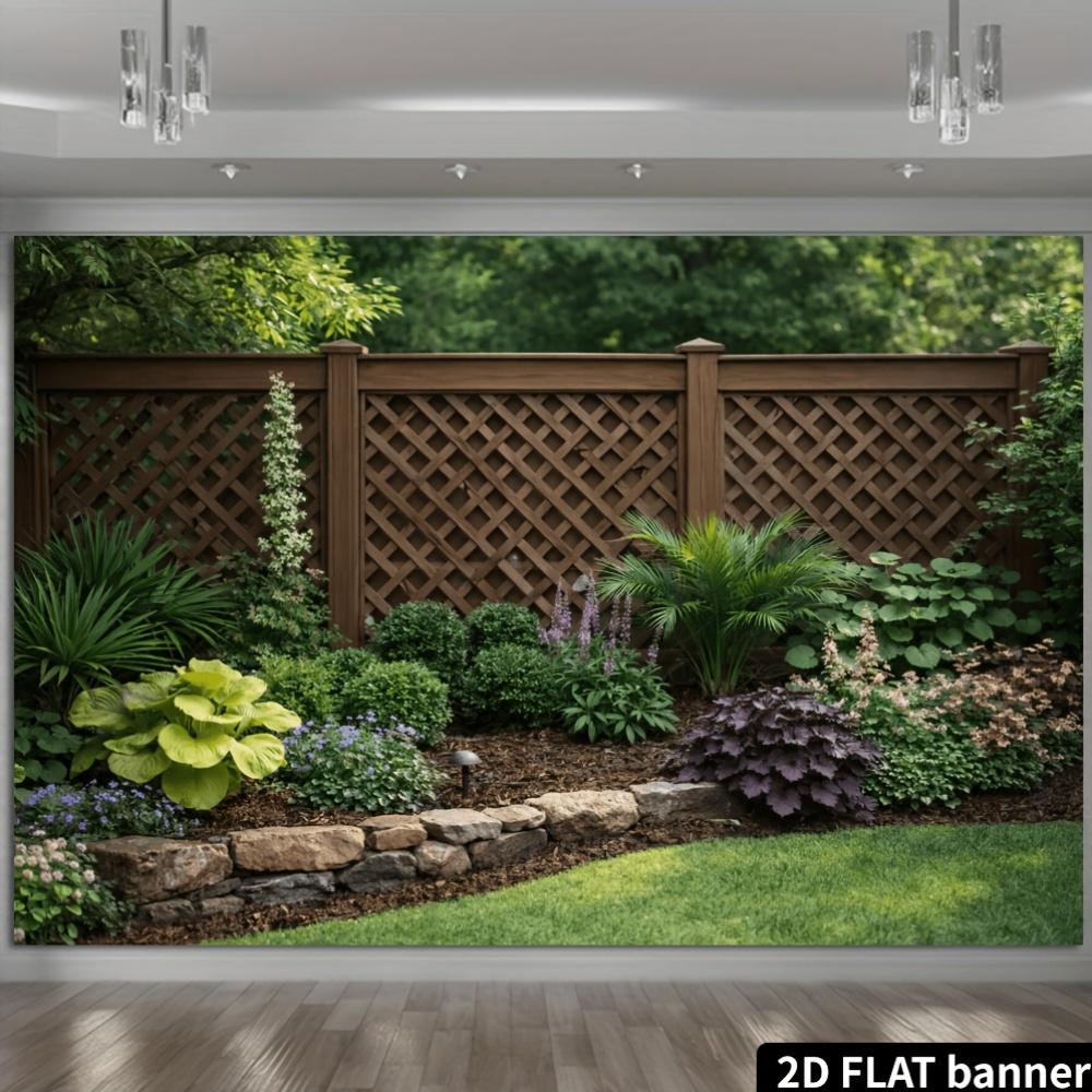 2D Flat Courtyard Landscape Banner Background Quiet Private Courtyard Theme  Grid Fence  Diverse Green Plants and Flowers
