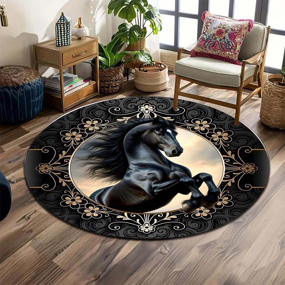 Majestic Black Horse with Floral Frame Print round rug, living room, bedroom, playroom carpet, non slip floor mat, gift
