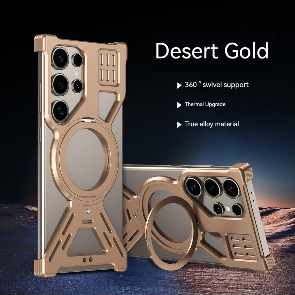 Rahmenlose Handyhülle aus Titanlegierung für Samsung Galaxy S25, S24, S23 Ultra, Bumper aus Aluminiumlegierung mit magnetischer Drehhalterung