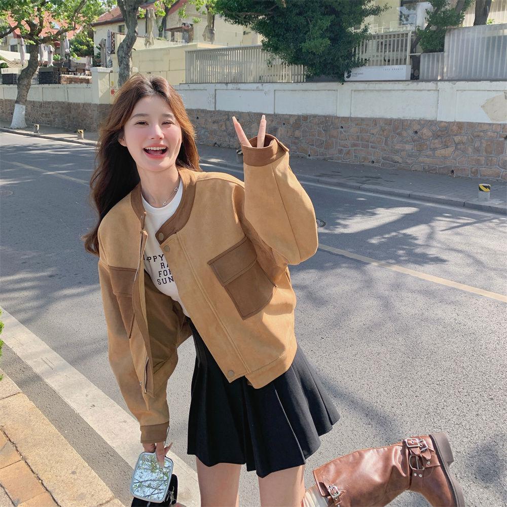 

Женское замшевое полупальто премиум-класса в стиле колор-блок, стильная куртка в американском ретро-стиле с уникальным чувством дизайна для весны и осени 2XL