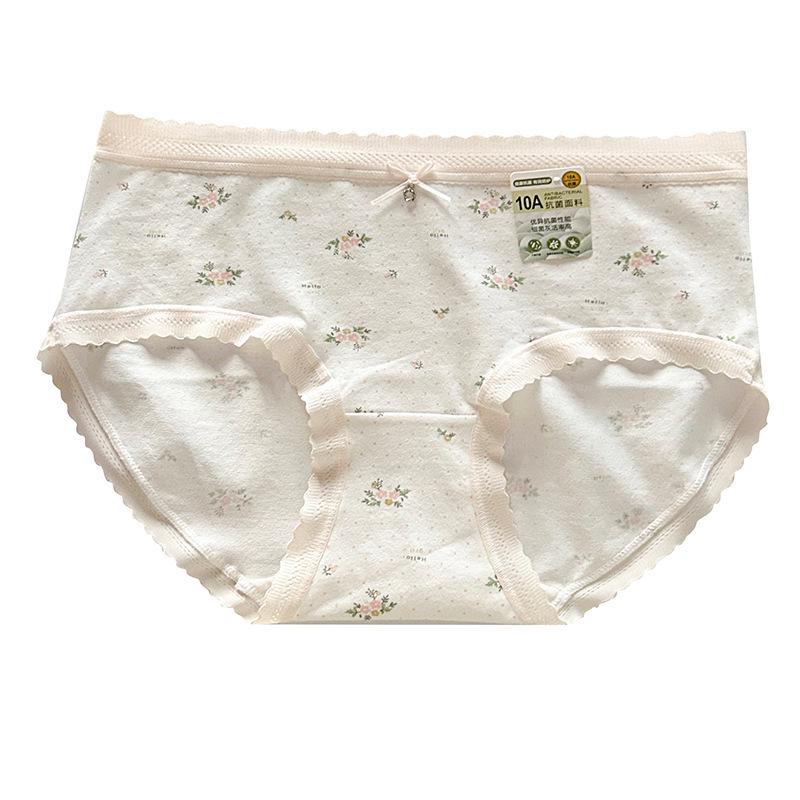 10A Antibacterial Floral Lace Trim Cotton Crotch Mid-Waist Girly Briefs