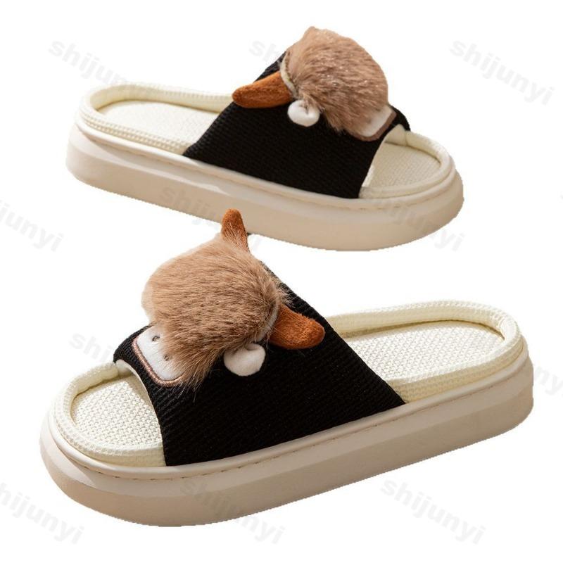 Fashion Cute Cartoon Cow Women Slippers Comfortable Platform Spring Couple Home Slippers Ladies Fashion Linen Indoor Slipper Wholesale