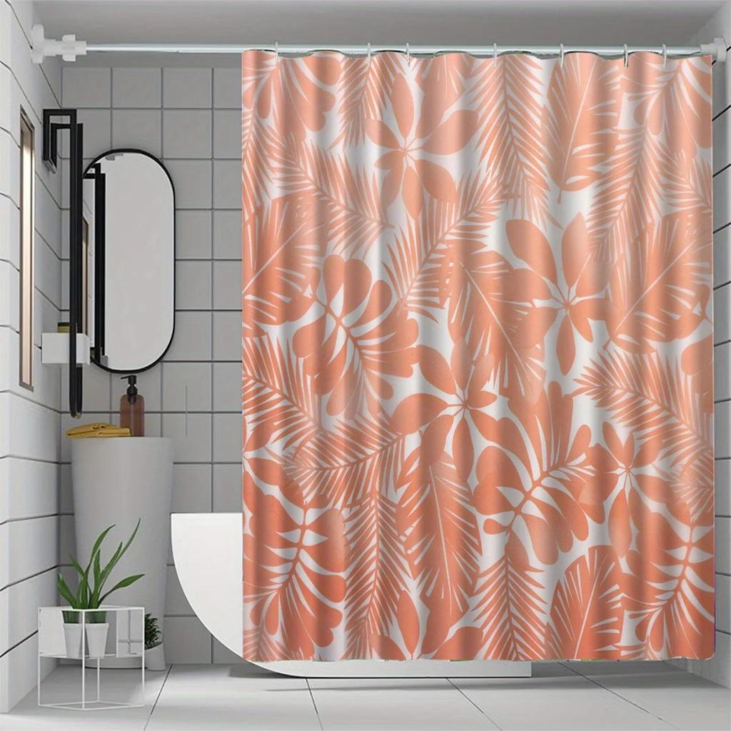 Tropical Orange Leaf Pattern Shower Curtain, Polyester Bath Partition, Machine Washable, All-Season Bathroom Decor