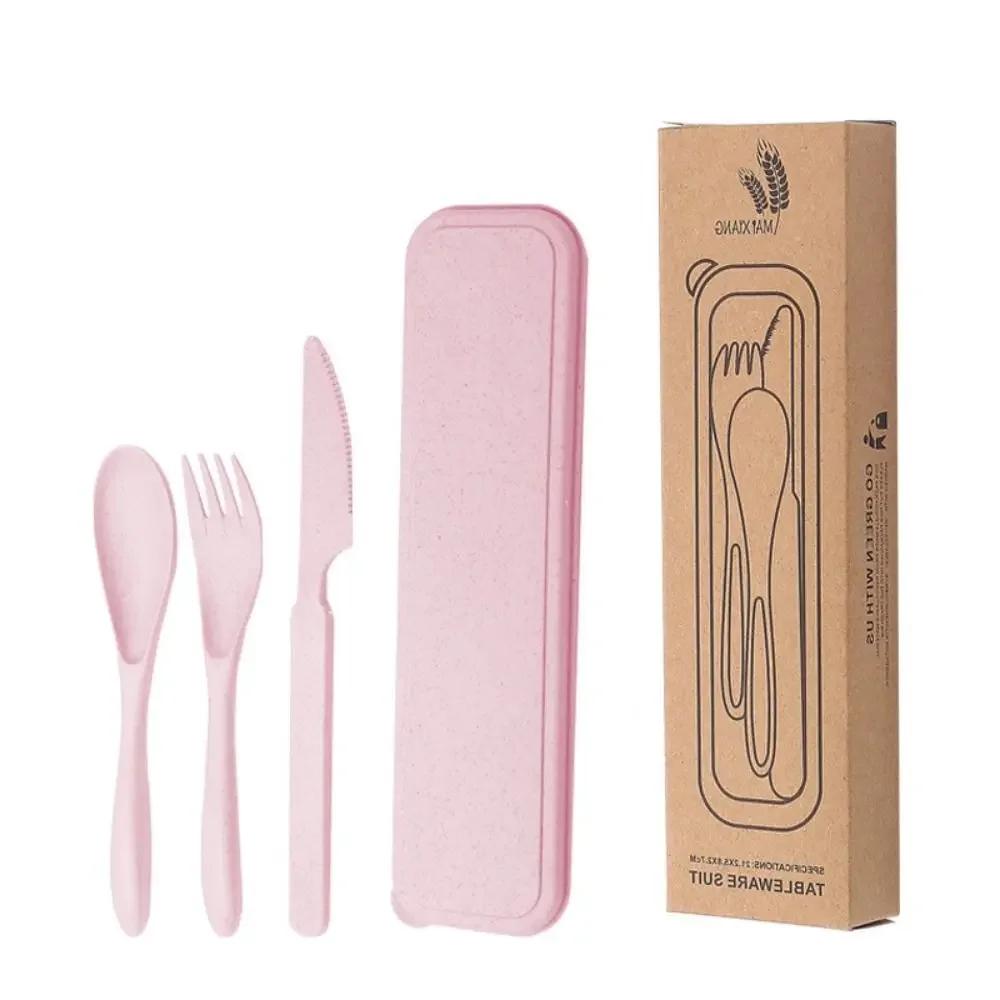 Practical Tableware Reusable Camping Utensil Set Ultralight Wheat Straw Camping Spoon Fork with Case Plastic Travel Utensils