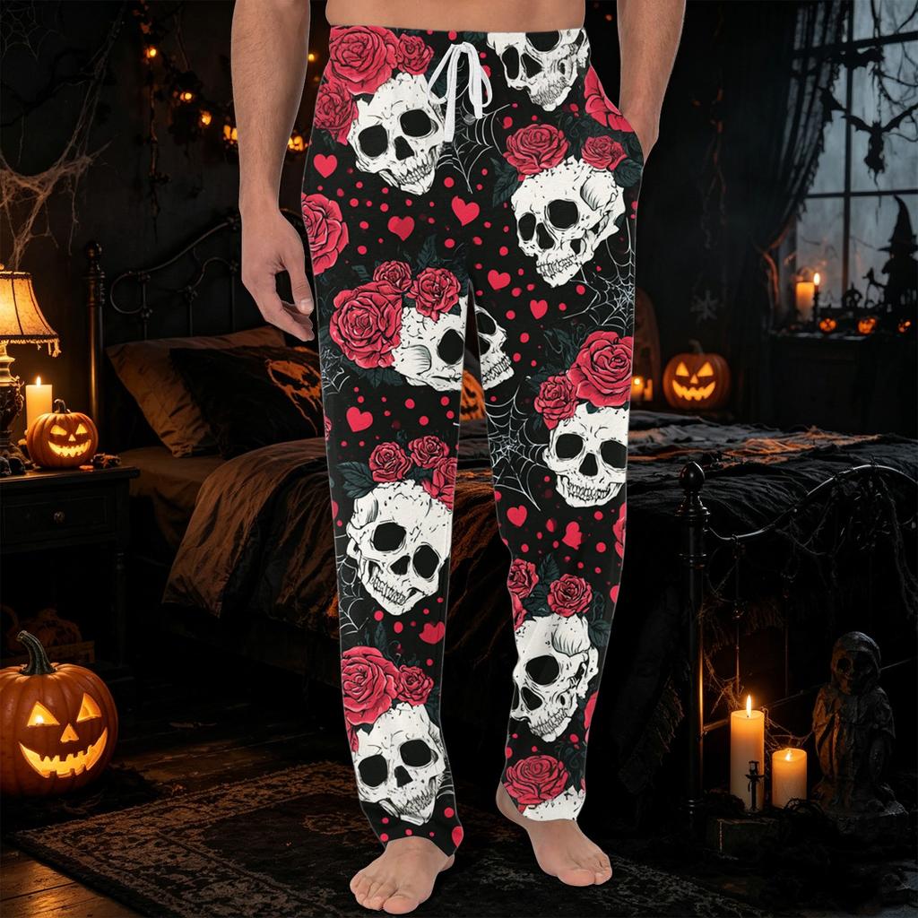 Men's Halloween Printed Knit Pajama Pants with Pockets - Color Casual Sleep Pants for Lounging