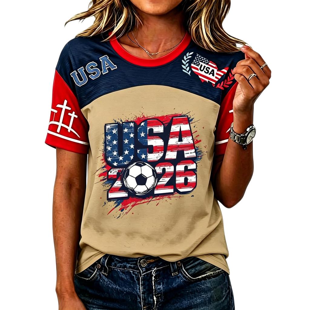 Women's Casual Short Sleeve Pullover Top Crew Neck Soccer Graphic Print Lightweight T-Shirt for Everyday Wear