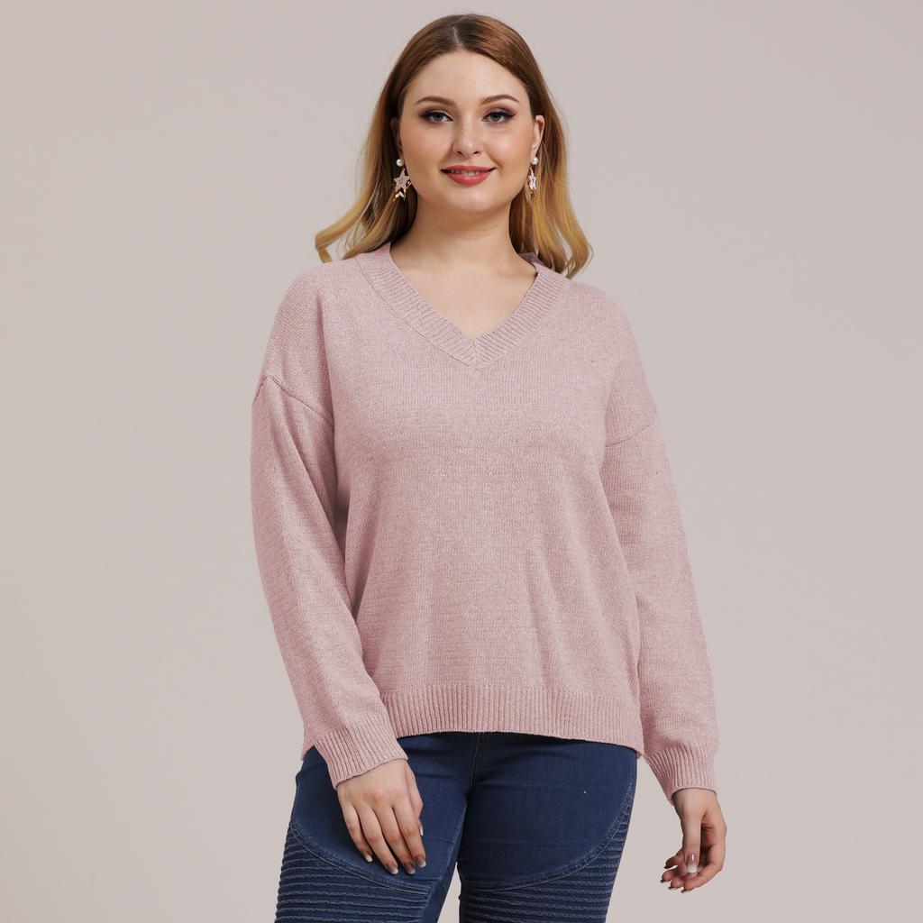Autumn and Winter Plus Size Women's Solid Colour Simple Woven V-neck Pullover Jumper