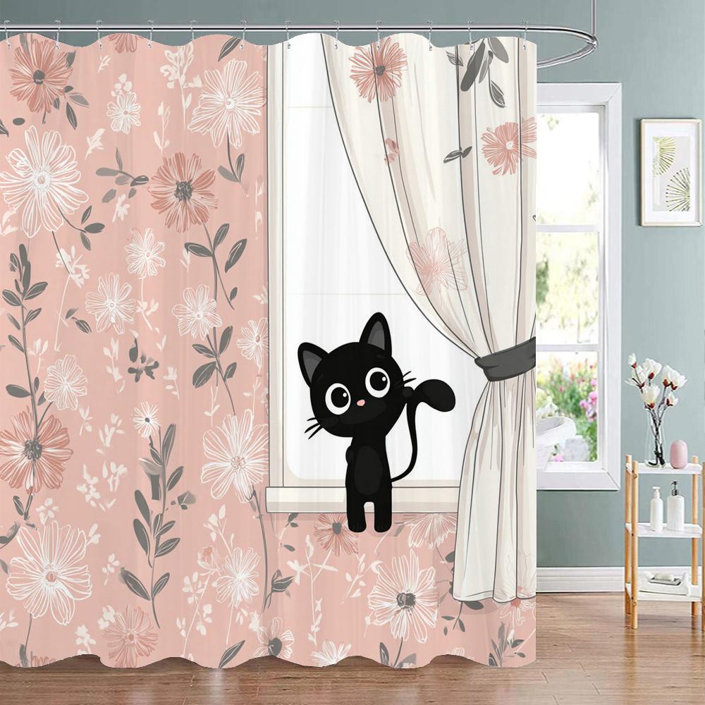 Cartoon Funny Black Cat Shower Curtain, Bathroom Decorative Shower Curtain, Waterproof Shower Curtain with Hooks 90x180cm-35x70in