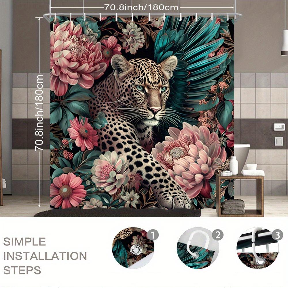 Luxury Tropical Leopard Floral Shower Curtain Jungle Safari Style Bathroom Decor Waterproof Peony Print Shower Liner
