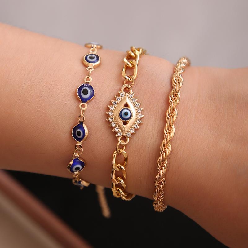 3 Pcs Turkey Lucky Evil Blue Eye Bracelet Set Metal Stackable Wristband Charm Chain For Women Men Jewelry Gifts Evil Eye Bracelet