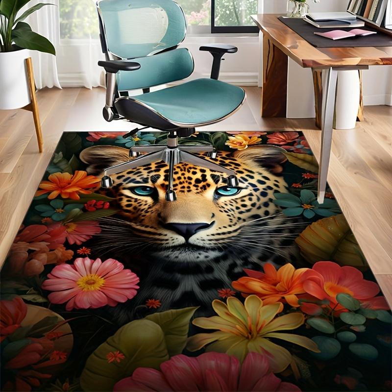 Leopard Floral Rug: Exotic Jungle Theme with Colorful Flowers - Bold Living Room Statement Piece | Wildlife Art Carpets
