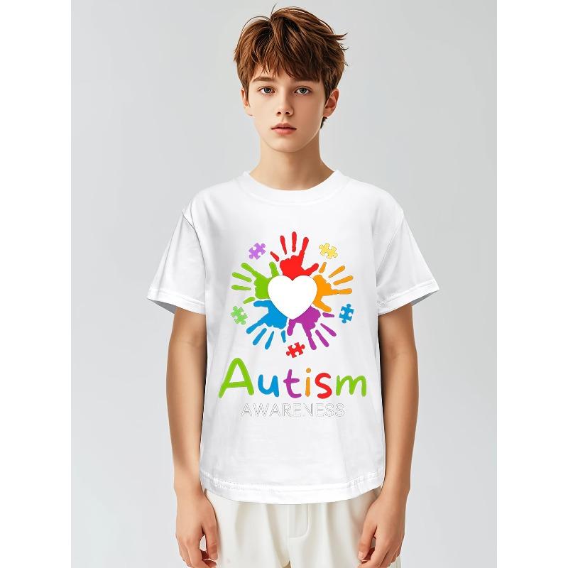 European Size Childrens Autism Awareness T Shirt Suitable for Boys and Girls Puzzle Pieces and Rainbow Handprint Design Short Sleeved Casual Shirt