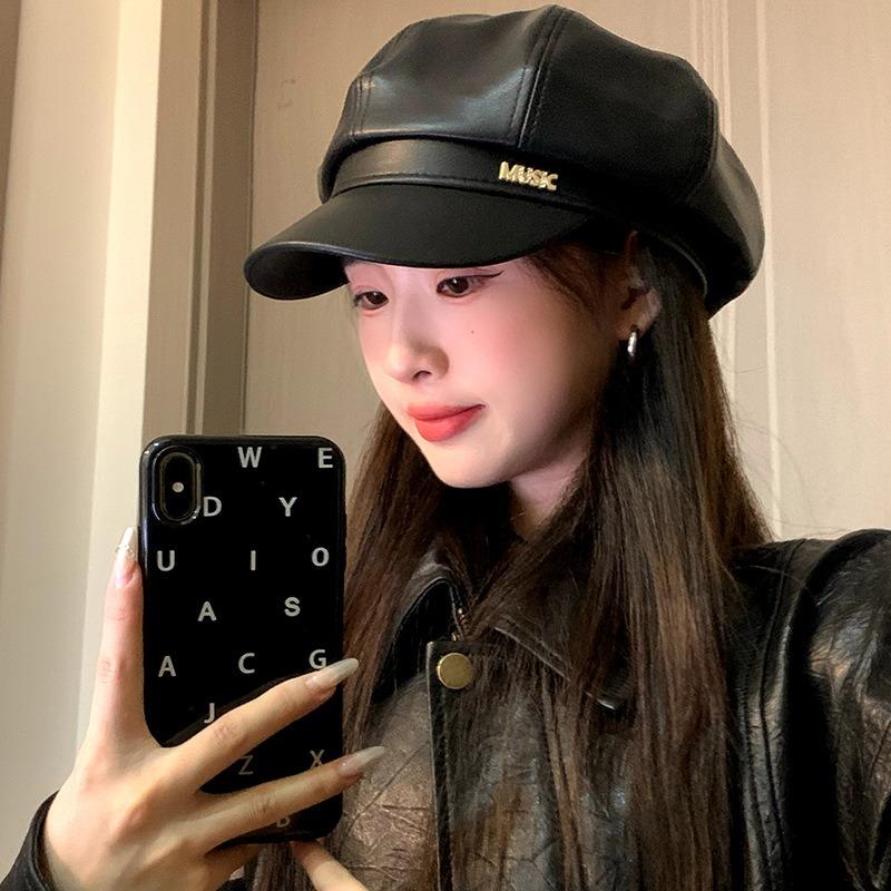 Big Head Circumference Beret Female Autumn and Winter Retro Pu Leather Octagonal Hat Painter Hat Showing Face Small Newsboy Hat