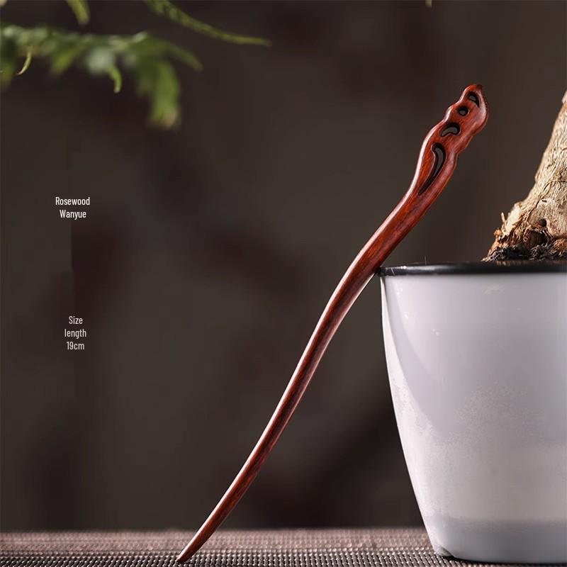 Red Sandalwood Women's Retro Hanfu Hairpins: Hollow Carved Moon Rabbit Wooden Ornaments