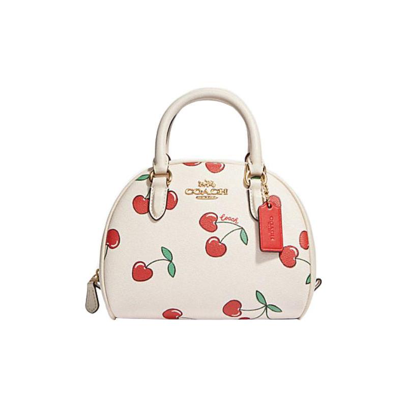 Coach Sydney 21 Zipper Closure Cherry Print Coated Canvas and Leather Shoulder Crossbody Tote Small Women's White
