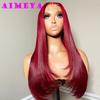 AIMEYA Layered Cut Wig Burgundy Lace Front Silky Straight Wig for Women Long Synthetic Lace Wigs Heat Resistant Fiber Daily Use