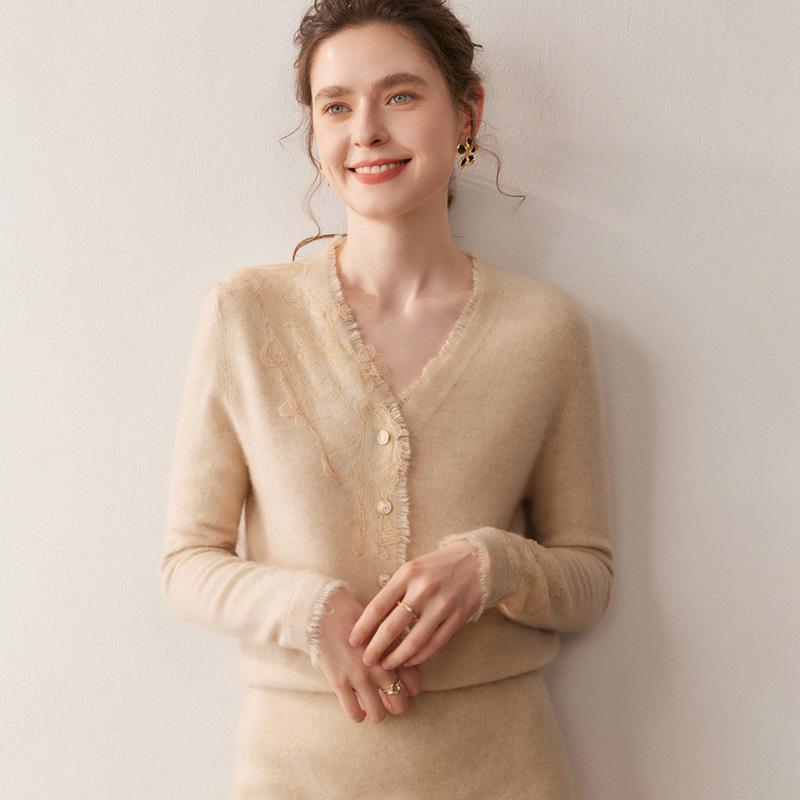 2025 A/W Women's V-neck Lace Cashmere Cardigan Sweater - Solid Color, Loose Fit