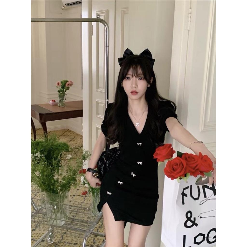 Puff sleeve dress for women, summer pure desire hot girl polo collar skirt, new tight hip-hugging slit short skirt