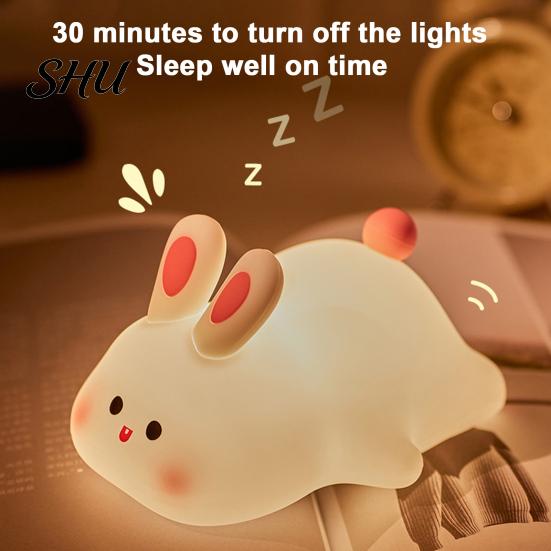 Kid Room Night Light Silicone Big Face Rabbit Tap USB Rechargeable Convenient Charging with Dimmable Timer Soft Eye-Protective LED for Sleeping