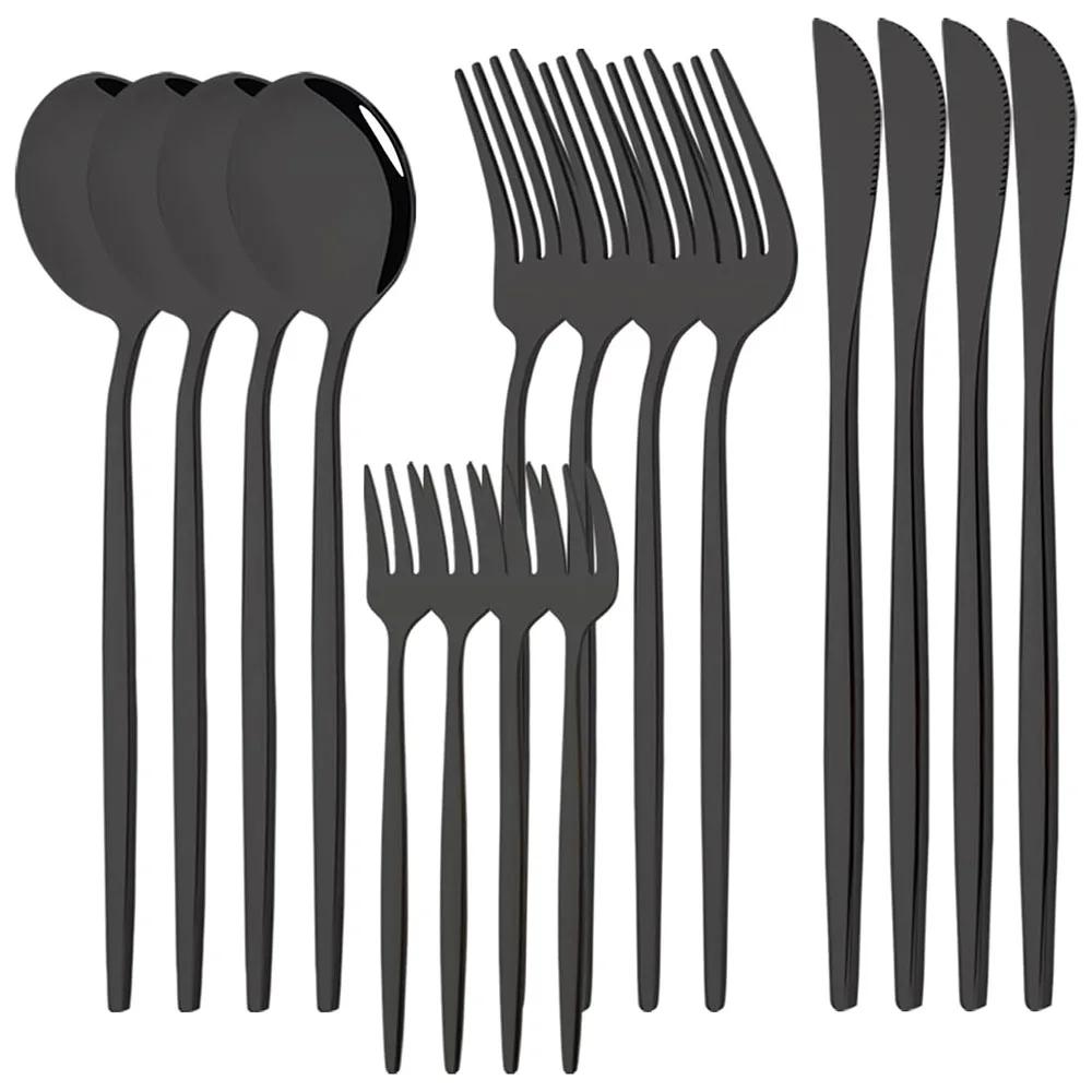 Silver Dinnerware Set 16Pcs Cutlery Set Stainless Steel Flatware Cake Fruit Fork Kitchen Knife Forks Spoon Tableware Set