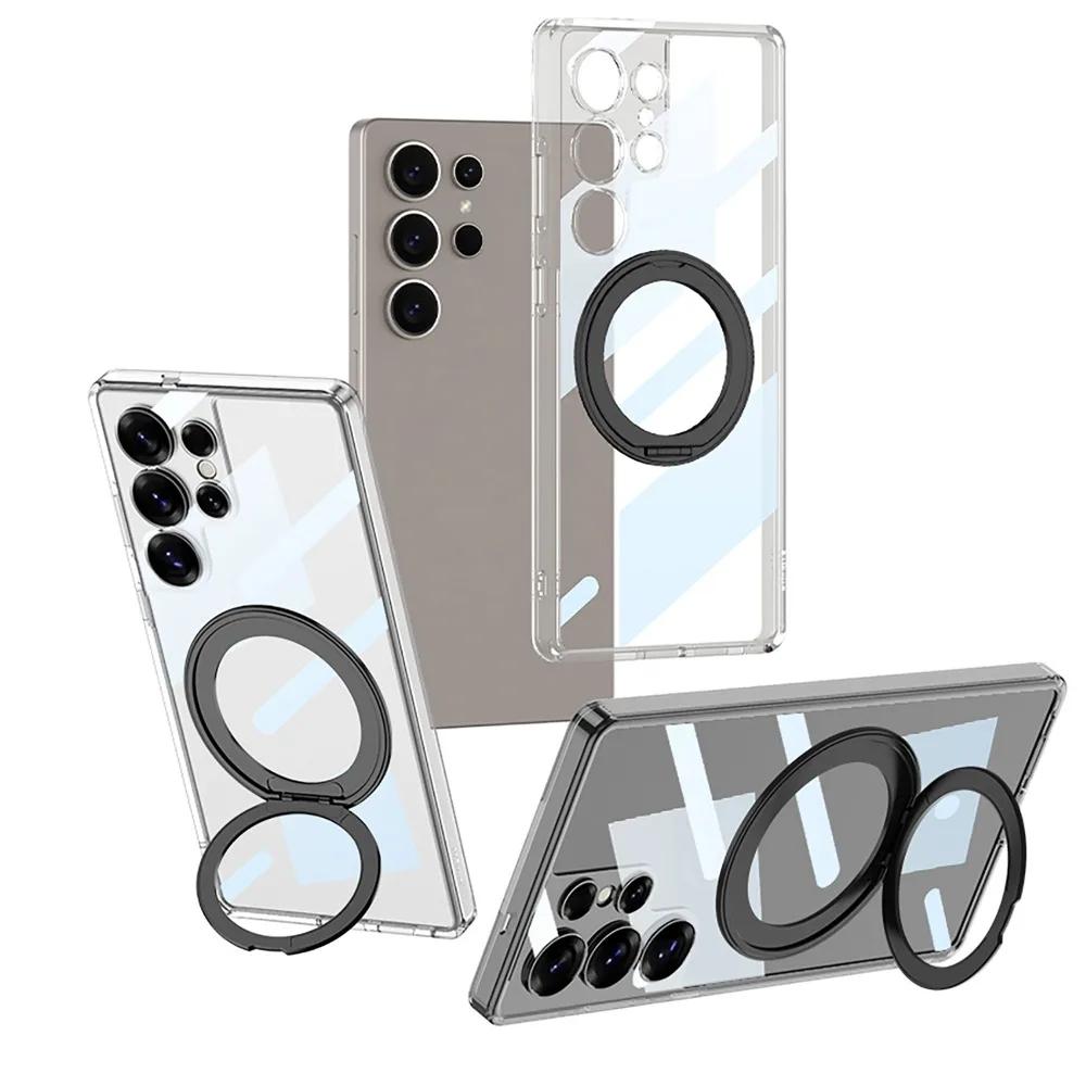 Phone Case for Samsung Galaxy S25 S24 S23 Ultra Clear Magnetic Holder Protective Shockproof Transparent Ring Kickstand Cover