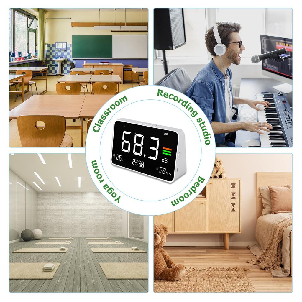 4-in-1 Digital Sound Level Meter ,Desktop Decibel Monitor 30-130dB,for Noise Measureing,Library, with Time&Temp&Humidity Display