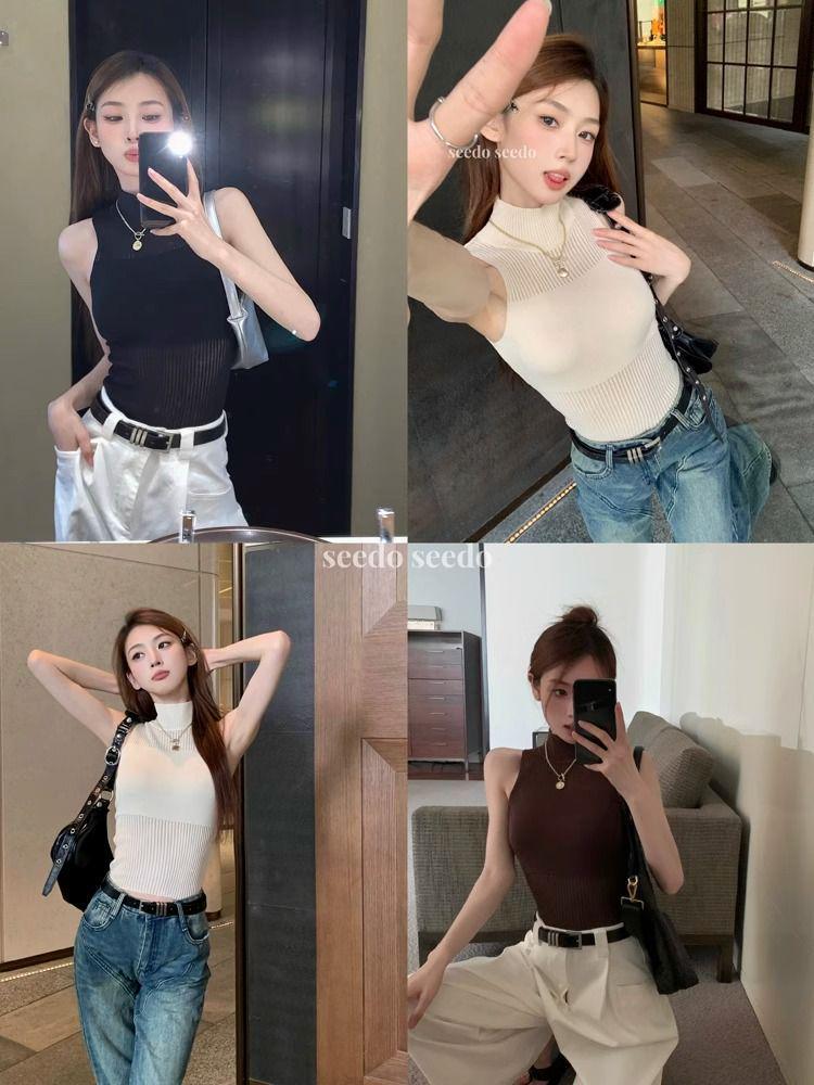 Summer Slim Spaghetti Strap Hollow Out Top Women's High Neck Knitted Vest