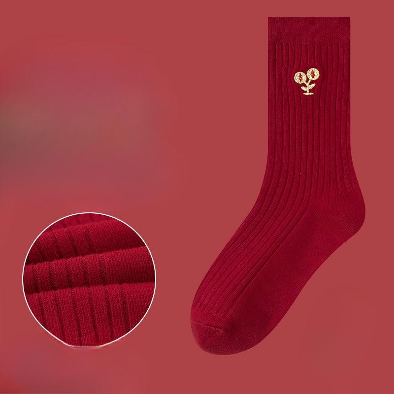 Red Sock Children's Pure Cotton Mid-calf Socks, Retro Style, Dark Red Embroidery, Suitable for Weddings and New Year Celebrations.