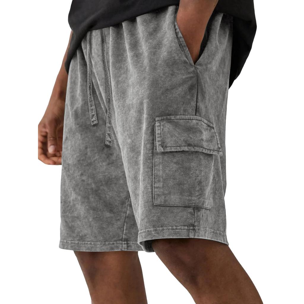 Men's Casual And Fashionable Water-washed Cotton Loose-fitting Shorts - Men's Multi-pocket Workwear Drawstring Shorts
