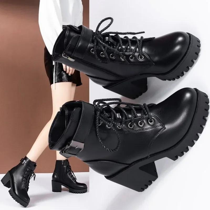 Women's Boots 2024 New Lace Up Boots for Women Fashion Knight Boots Women Round Head Chunky Heel Female