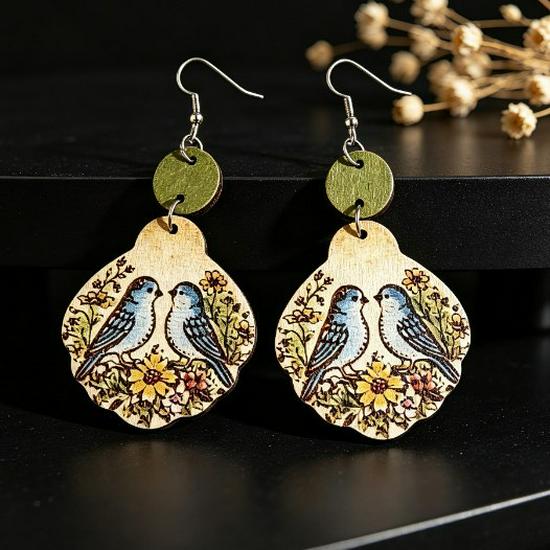 Retro Geometric Bird & Flower Wooden Earrings
