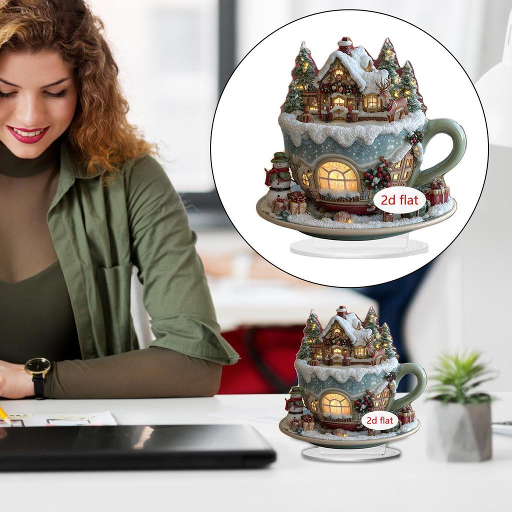 2D Christmas Table Decorations Colorful Christmas Desk Decor Acrylic Castle Pattern Ornament with Stand for Fireplace Restaurant