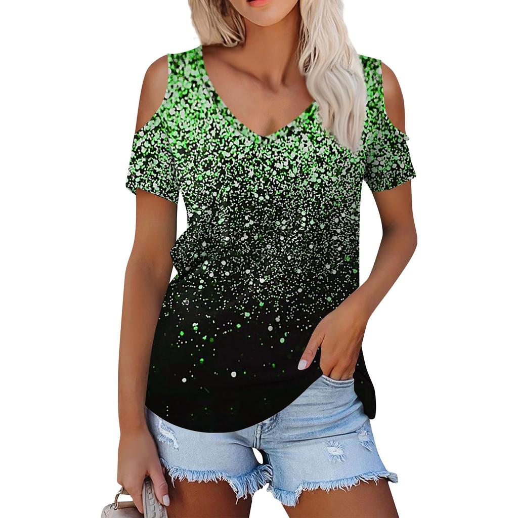 Ladies Summer Fashion Casual  Printed Strapless V-Neck Short Sleeve T-Shirt Top