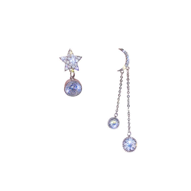 Elegant Silver Needle Dangle Earrings with Rhinestone Star and Asymmetric Design for Women