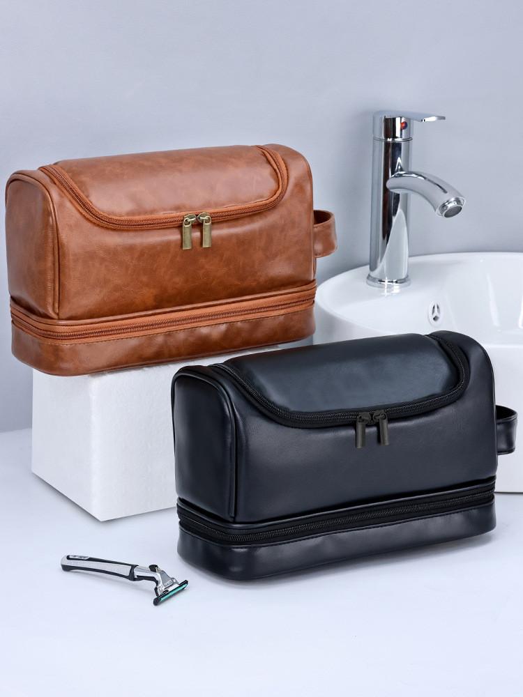 Men Double Layer Travel Toiletry Bag With Waterproof Pu Material For Business And Outdoor Use