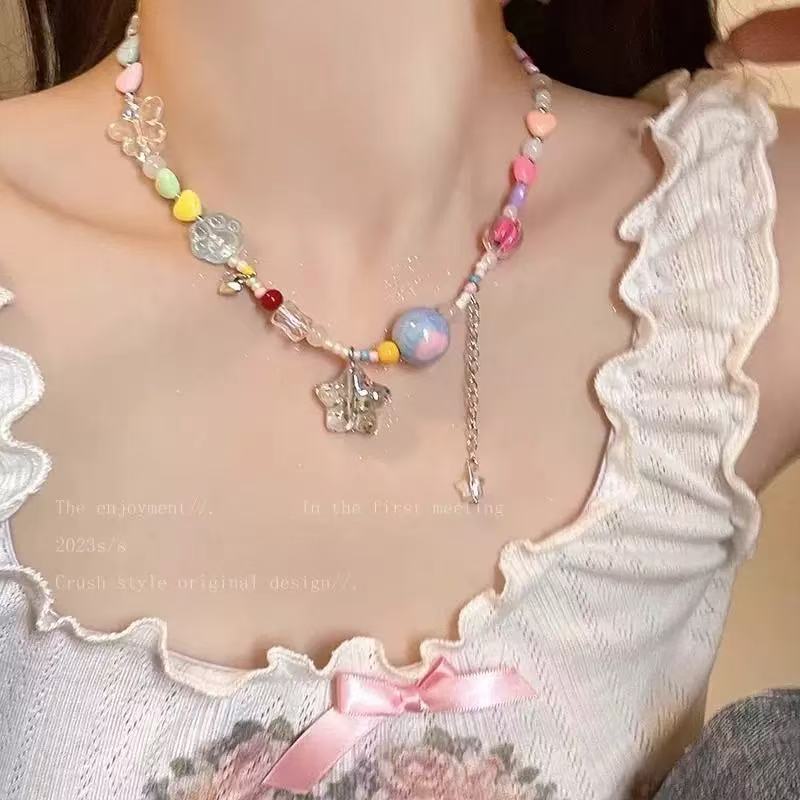 Summer dopamine color beaded necklace exquisite niche sweet neck chain elegant bow collarbone chain choker