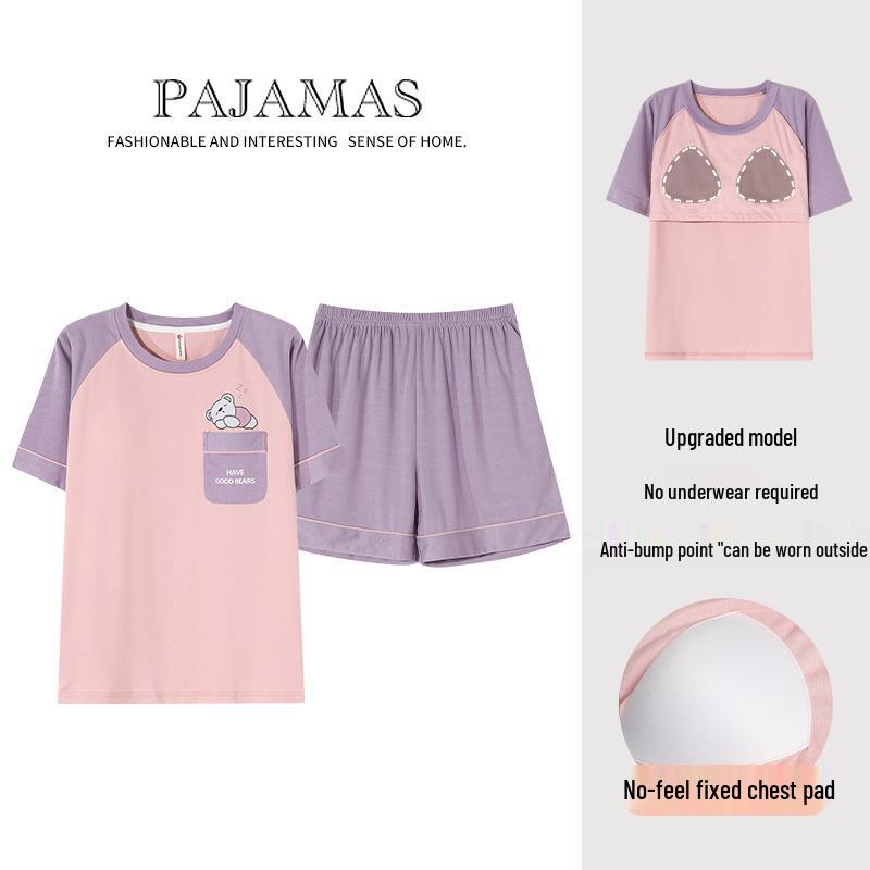 

Женский хлопковый пижамный комплект в корейском стиле с нагрудными вкладышами - с коротким рукавом и шортами, не деформируется, свободного кроя для ношения как дома, так и на улице L (100-120 lbs)