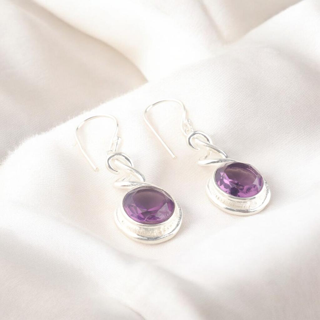 925 Sterling Silver Handmade Natural Amethyst Gemstone Earrings 1.67" For Women CE-14-3