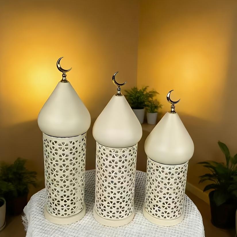 Ramadan Kareem Lantern Set White Moroccan Style Metal Hollow with Golden Crescent Moon Mubarak Home Tabletop Festival Decor