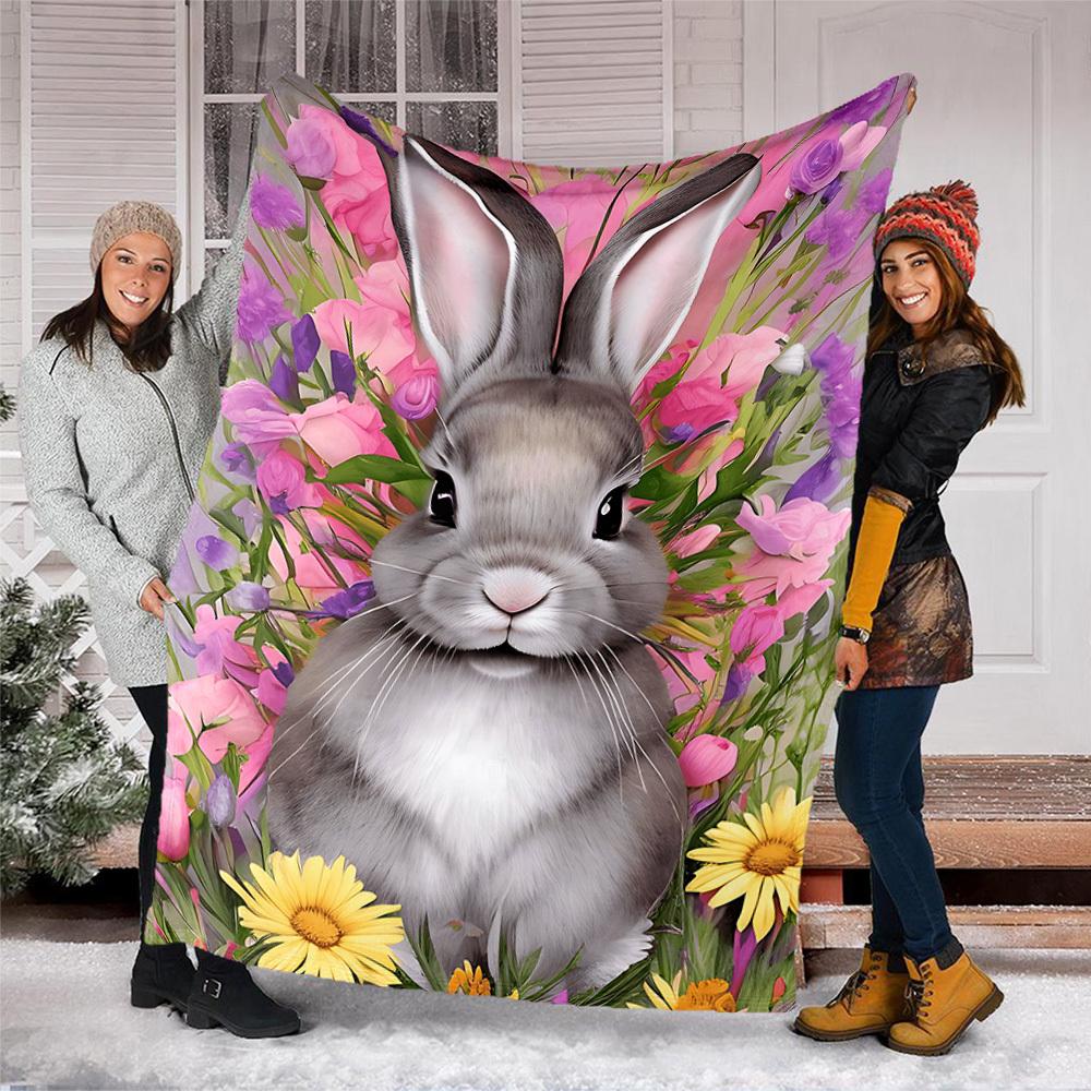 1pc Bunny Flowers Outdoor Blanket - Soft Flannel Cozy for Travel & Camping - All-Season Warm Bed Cover, Machine Washable yy251229080